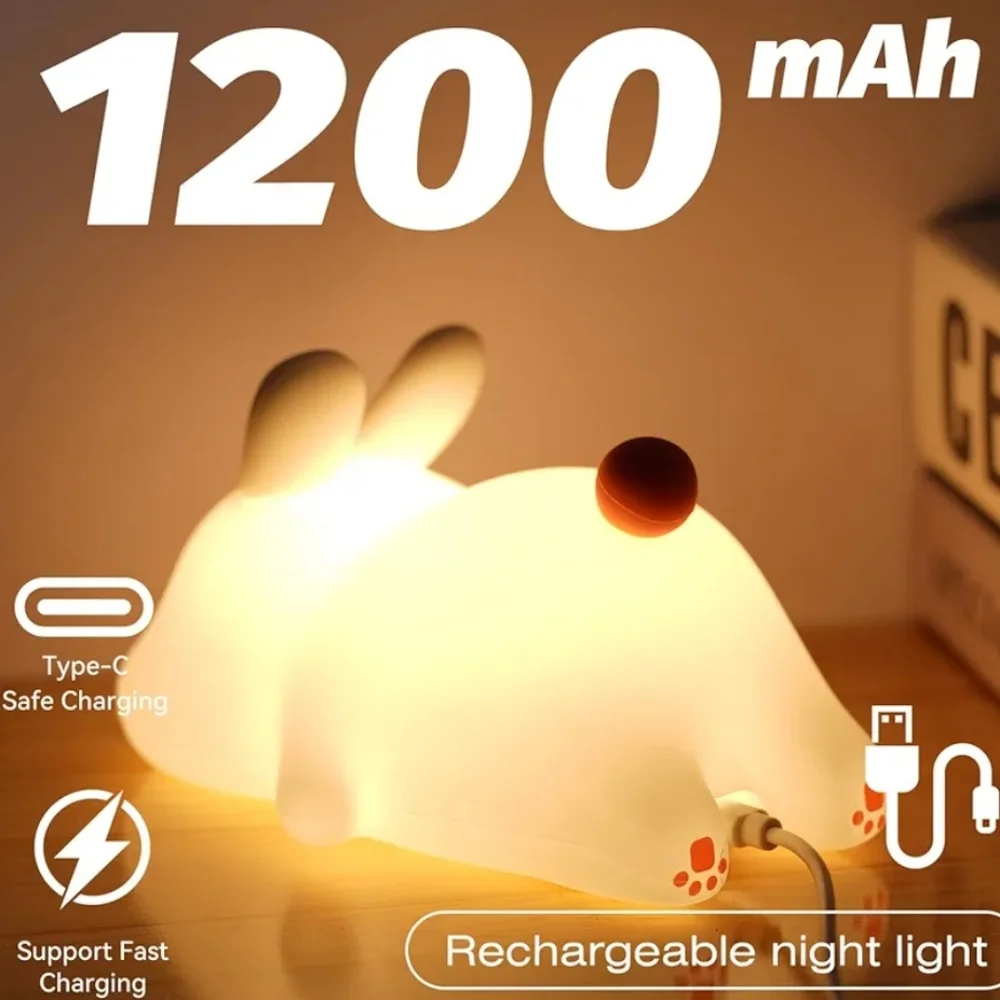 Big Face Rabbit Silicone White Bunny Night Light Touch Activation